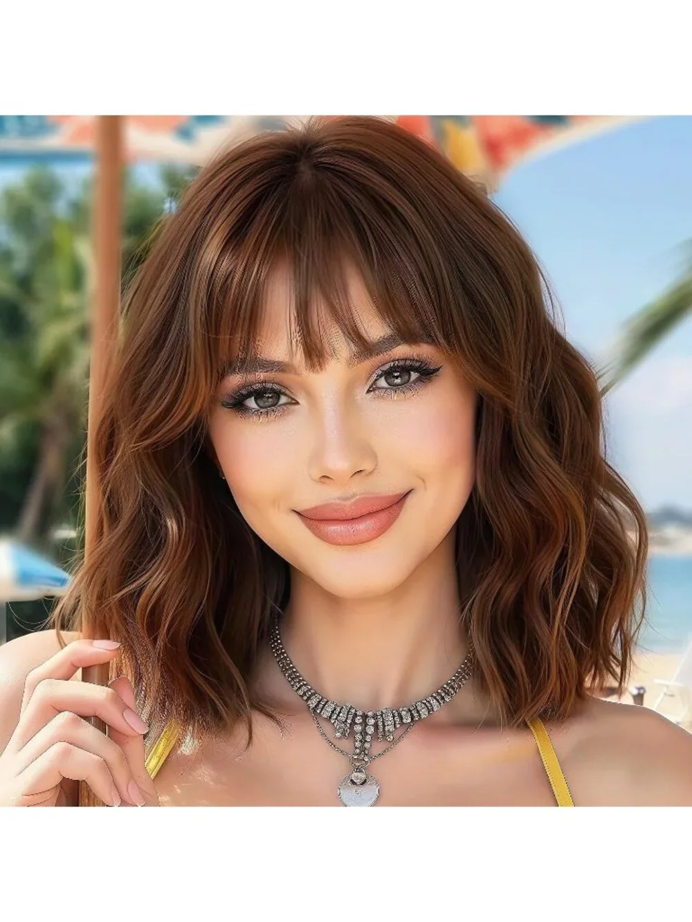 Women's Auburn Brown 14 Inch Heat Resistant Short Wavy Hair Pastel Bob Wig Bangs